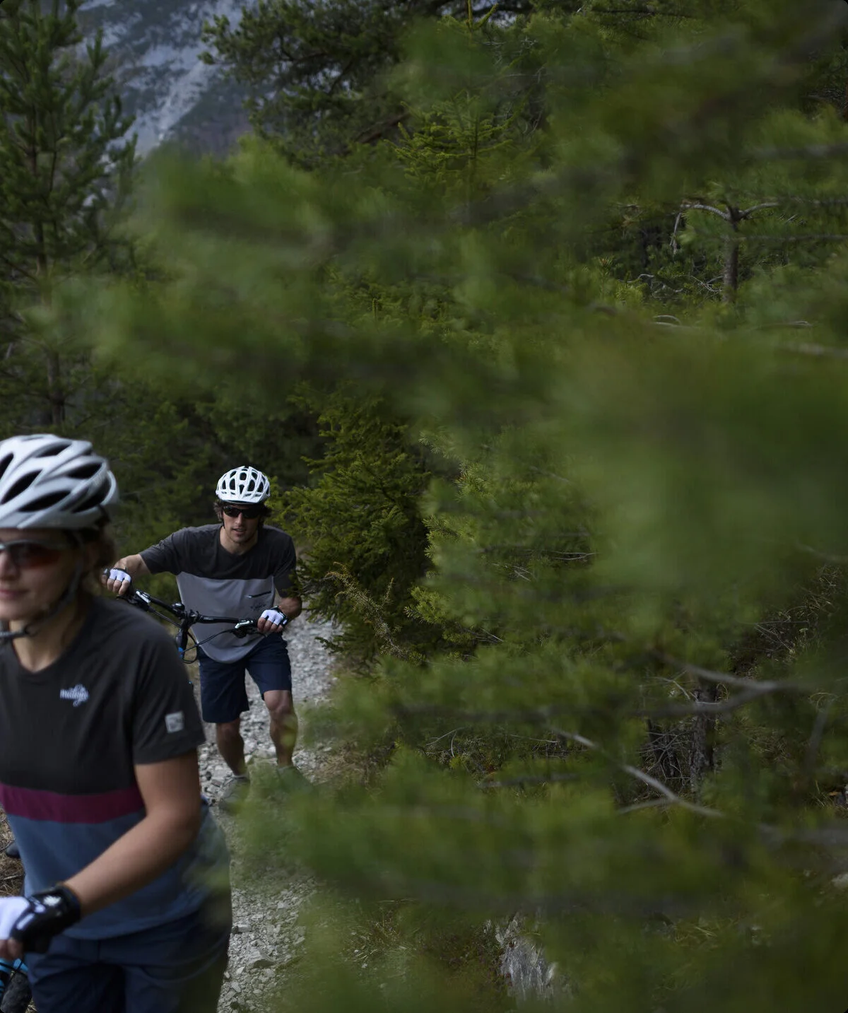 Ein Mountainbiker schiebt sein Rad auf einem Trail in den Bergen. | © DAV/Wolfgang Ehn